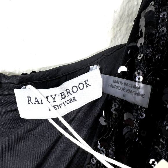 Ramy Brook Leanne Dress Midi Black Sequin Surplice V-Neck Sleeveless 8 NEW - Picture 5 of 10